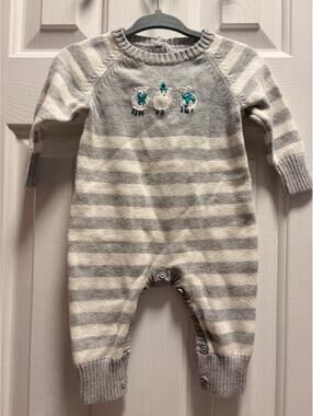 Gray White Stripe Cotton Knit Long Romper Baby Boy Pants 0-3 Months